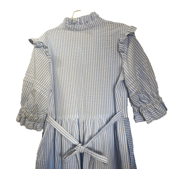 Blue White Seersucker Gingham Ruffle Tiered Prairie Cottagecore Maxi Dress S/M - Picture 14 of 16